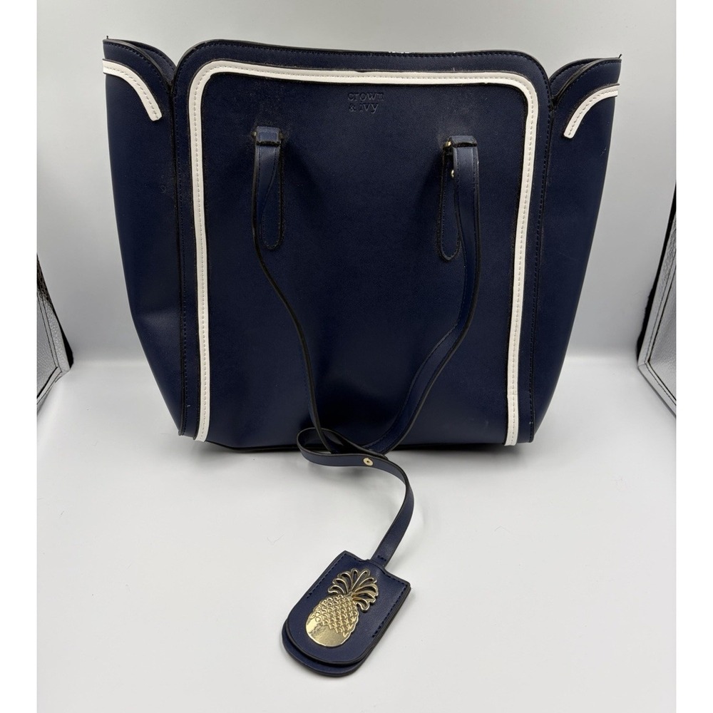Crown & Ivy Striped Zip-Top Tote Bag Navy White Gold Hardware Shoulder Strap